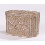 Indian white metal tea caddy, decorated with flowers all over, 10cm wideOverall good order, some