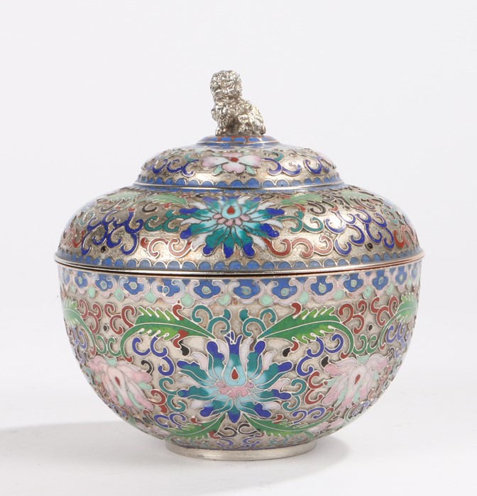 Chinese cloisonné enamel bowl and cover with multi coloured foliate and scroll enamel decoration