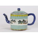 Chinese porcelain teapot, with turquoise and yellow lappet decorated body and a Chinese scene
