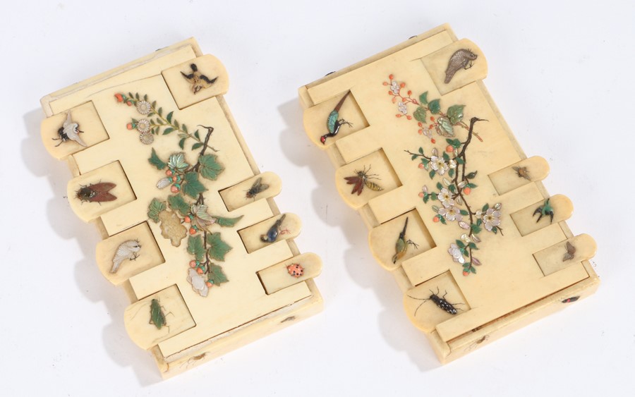 Near pair of Japanese Meiji period ivory and Shibayama whist markers, each decorated with insects