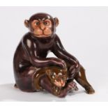 Chinese porcelain monkey, the seated monkey with the hand resting on a young monkey, 15cm