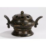 Chinese bronze censer, with "gold splash" decoration, the pierced lid with finial top flanked by