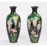 Pair of Japanese cloisonné vases, with a black ground and folate decoration, 32cm high, (2)Overall