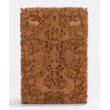 Fine Anglo Indian carved card case, finely carved with animals, fruit and fish among C scrolls and