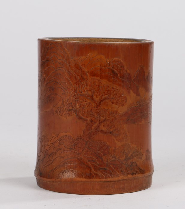 Chinese brush pot, Qing dynasty, with a shallow carved scene depicting mountain and a building by