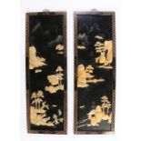 Pair of Chinese ebonised panels with raised mother of pearl depictions of trees, rocks and