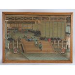 Japanese painting on silk depicting figures in an interior, housed in a glazed frame, the painting