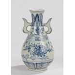 Chinese blue and white temple vase, painted with floral bands, pierced twin scroll handles, 19cm