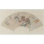 Japanese Meiji period fan, with figures fighting on horse back, character text to the top edge and