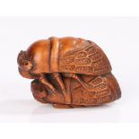 Japanese carved wood netsuke, by Masakazu, caved as cicadas on another, signed to the base, 4.7cm