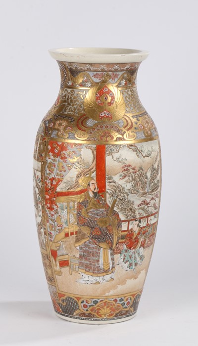 Japanese satsuma vase, the body with cartouches decorated with figures in an interior with distant