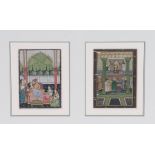 Indian school miniatures, with two panels in one frame, the first showing a courting couple with