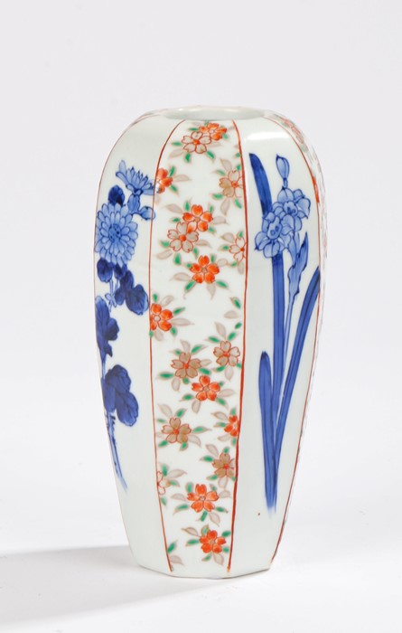 Japanese porcelain vase, with angled panels of blue flower and leaf design and colourful flower - Image 3 of 4