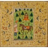 Persian panel, with figures to the central panel with a horse, the edge with gilt scrolls and