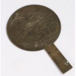 Japanese Edo period bronze hand held mirror, with storks around a blooming tree, Japanese text to