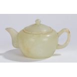 Chinese celadon bowenite jade teapot, with loop handle and squat bulbous body, 7.5cm highOverall