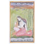 Indian school, gouache on card of a semi nude lady sitting on grass, 10cm x 16.5cmOverall good