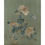 19th Century Chinese silk picture, with flowers and leaves to the centre and two butterflies