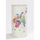 Chinese porcelain brush pot, Qing dynasty, decorated with two polychrome figures riding a horse,