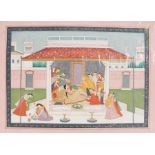 Indian school, gouache on paper of a resting lady with harem around, 33cm x 23cm