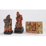 Japanese soapstone, to include a carved figure of Kwanyu, another example and a rectangular vase, (