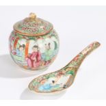 Chinese Canton porcelain, to include a Qing dynasty pot and cover decorated with figures, 9cm