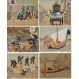 Six Chinese raised fabric scenes on painted silk backings depicting figures fighting a fire,