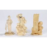 Japanese Meiji period carved ivory okimono, of a seated man holding a long picture, 10cm high, the