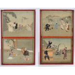 Series of four Chinese raised fabric scenes on painted silk backings depicting figures coopering a