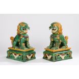 Pair of Chinese pottery dogs of foo, in mustard yellow and green glaze showing the dogs with front