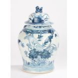 Chinese porcelain vase and cover, blue and white decorated with flowers above water and ducks