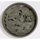 Japanese Edo period bronze mirror, the silvered mirror with raised branches and storks, 12cm