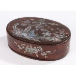 Chinese mother of pearl inlaid box and cover, the hardwood box with inlaid mother of pearl depicting