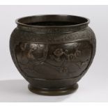Chinese bronze jardinière, with a flower and bird panel and opposing panel with central pagoda and