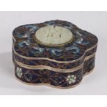 Chinese enamel and hardstone set box and cover, the shaped lid with a central carved hardstone