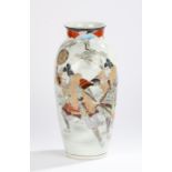 Japanese porcelain vase, the multi coloured fan decorated rim above two standing Samurai and a