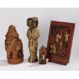 Chinese carving depicting four figures, carved bamboo figure depicting a figure reading a scroll,