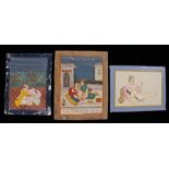 Three Indian school, three erotic Indian gouache paintings, 15cm wide, 14cm wide and 18cm wide, (3)