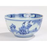 Chinese porcelain tea bowl, Qing dynasty, in blue and white with figures standing, a figure on horse