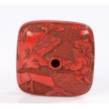 Japanese red lacquer Manju, Edo period, with figures carved to landscapes, 3.7cm diameter Overall