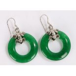 Chinese spinach earrings, with loop jade and white metal frog mounts, 30mm diameter