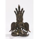Bronze Indian deity, of Naga Kanya, serpents above the head with hands clutching a shell, wings to