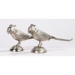 Pair of silver Persian rose water droppers, in the form of a parakeet with a screw thread feather to