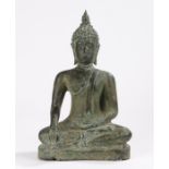 Thailand bronze Buddha, possibly 17th Century, seated position with hand on lap, 35cm high,