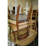 Pair of beech bedroom chairs with pierced cresting rails, rope-work seats, on turned legs, pair of