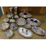 Plated ware to include two coasters, two pierced dishes, three dishes with blue glass liners, four