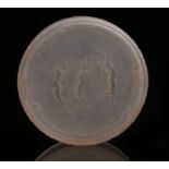Lalique frosted glass pot and cover, the lid with raised depiction of three dancing ladies, marked