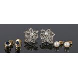 Pair of 9 carat gold and sapphire set earrings, a pair of 9 carat gold and pearl set earrings and