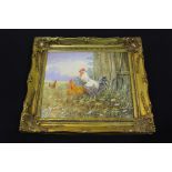 Clifford Knight (B1930), "Feathered Friends", depicting chickens in a landscape, signed oil on
