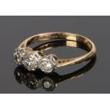 18 carat gold diamond ring, the head set with three round cut diamonds, ring size N